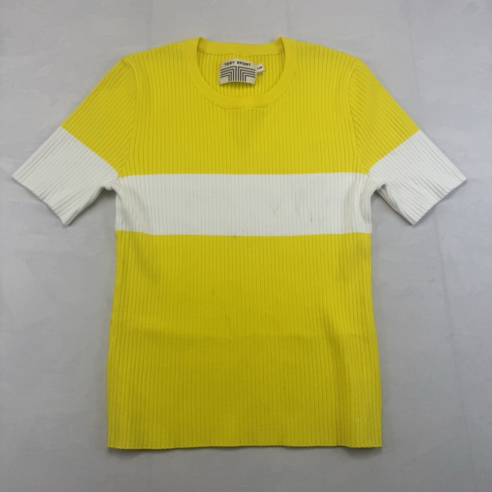 Tory Sport Women's L Yellow White Colorblock Ribbed Knit Short Sleeve Top